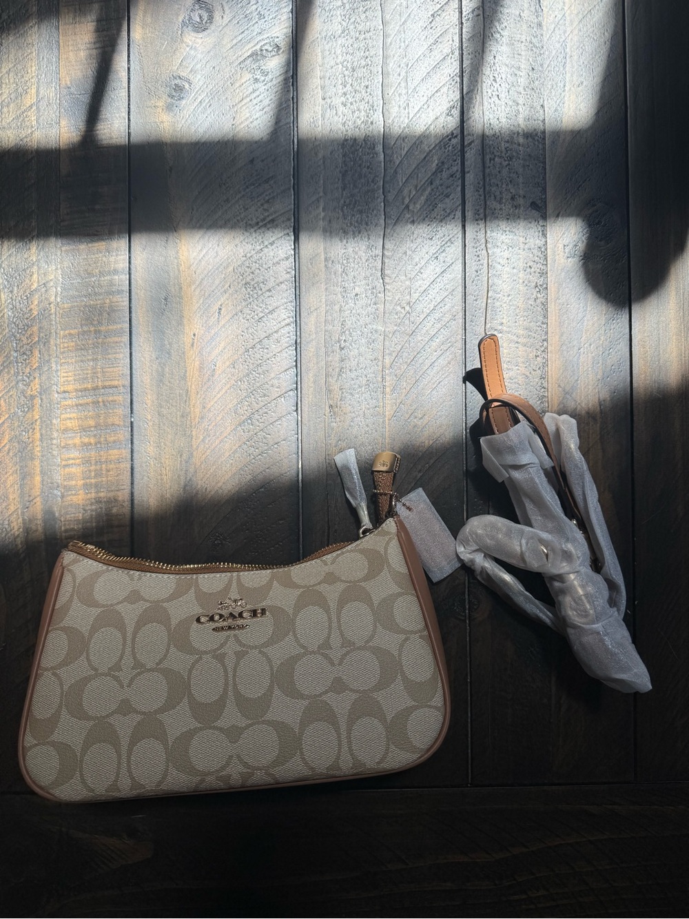 Coach Beige Signature Canvas Wristlet with Gold Hardware